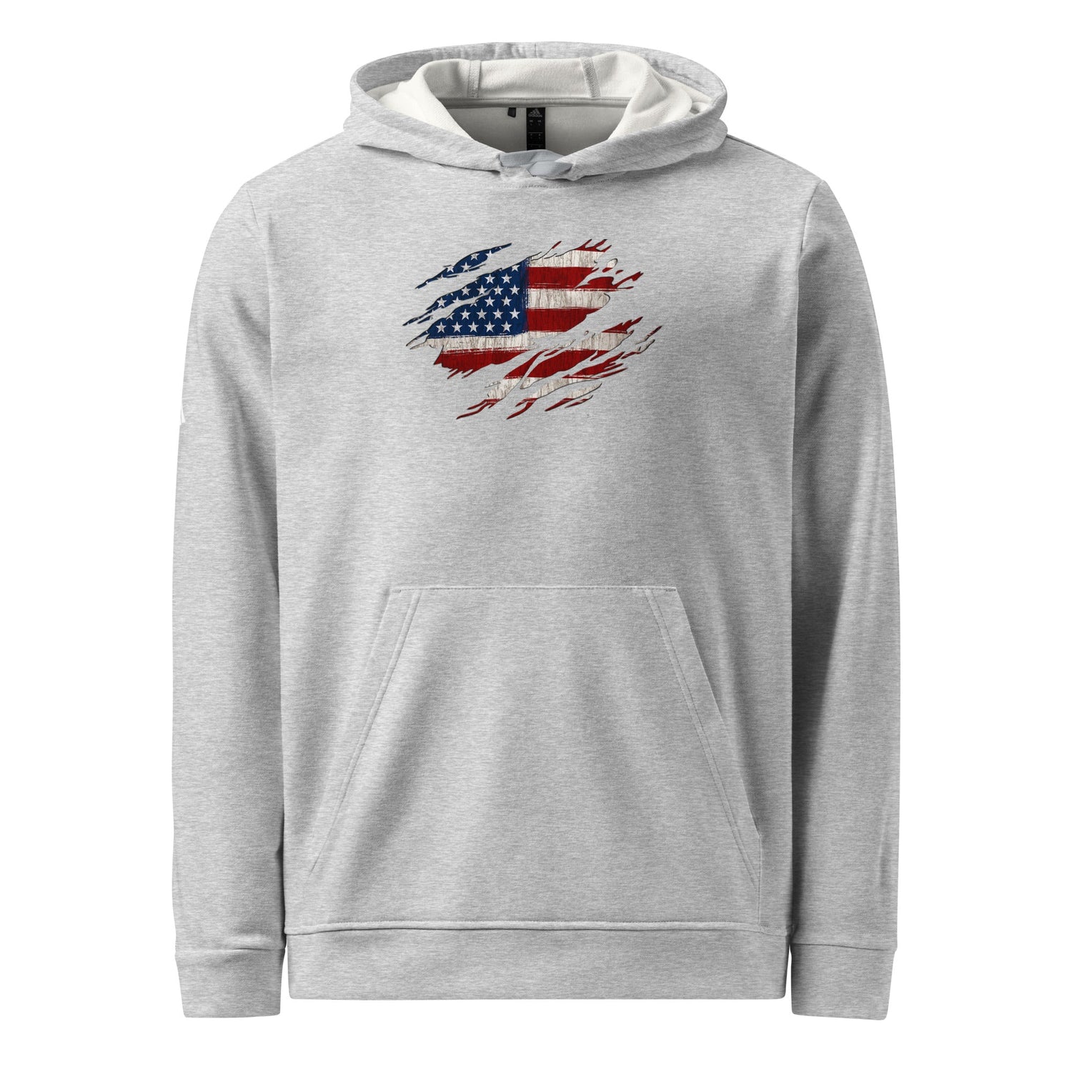 Gray Adidas hoodie with an American flag graphic, part of the pro 2A and patriotic collection for defenders of freedom.