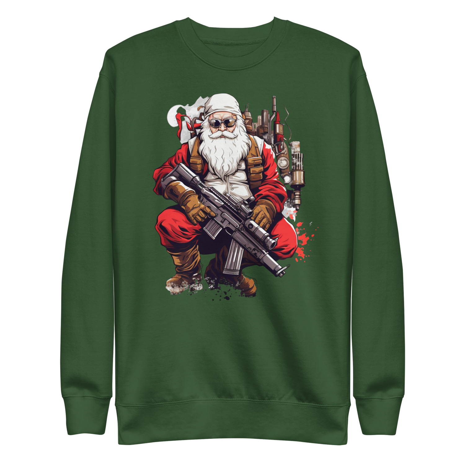 Tactical Santa sweatshirt with rifle graphic, pro gun, patriotic Christmas apparel for adventure lovers.