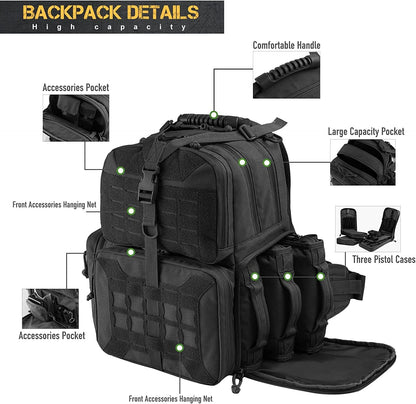 Tactical Range Backpack Bag, VOTAGOO Range Activity Bag For Handgun And Ammo, 3 Pistol Carrying Case For Hunting Shooting - BoomStick Tactical Gear