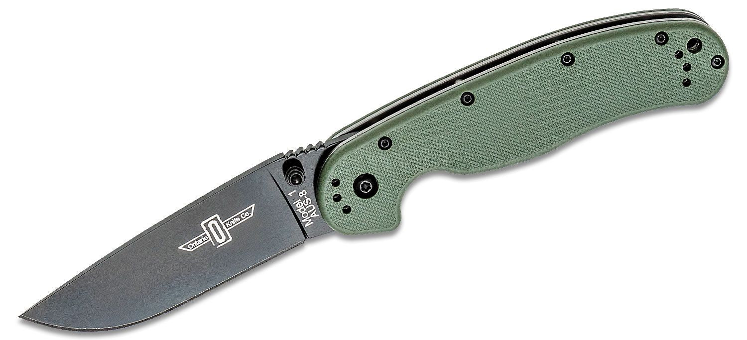 Ontario RAT Model 1 Folding Knife 3.6" Black Plain Blade, OD Green Nylon Handles, Liner Lock - BoomStick Tactical Gear