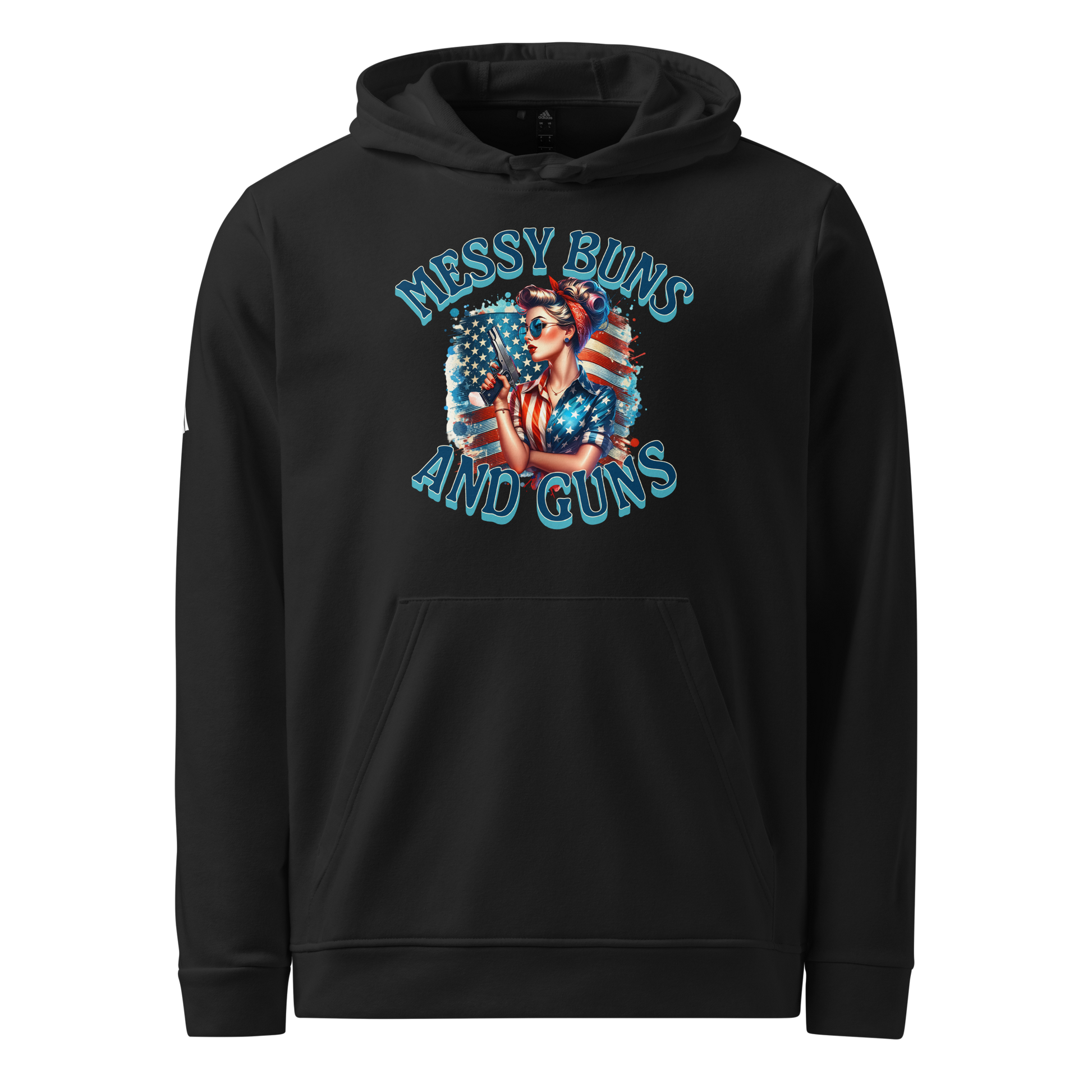 Women’s Adidas Fleece Hoodie – “Messy Buns and Guns” American Flag Graphic - BoomStick Tactical Gear