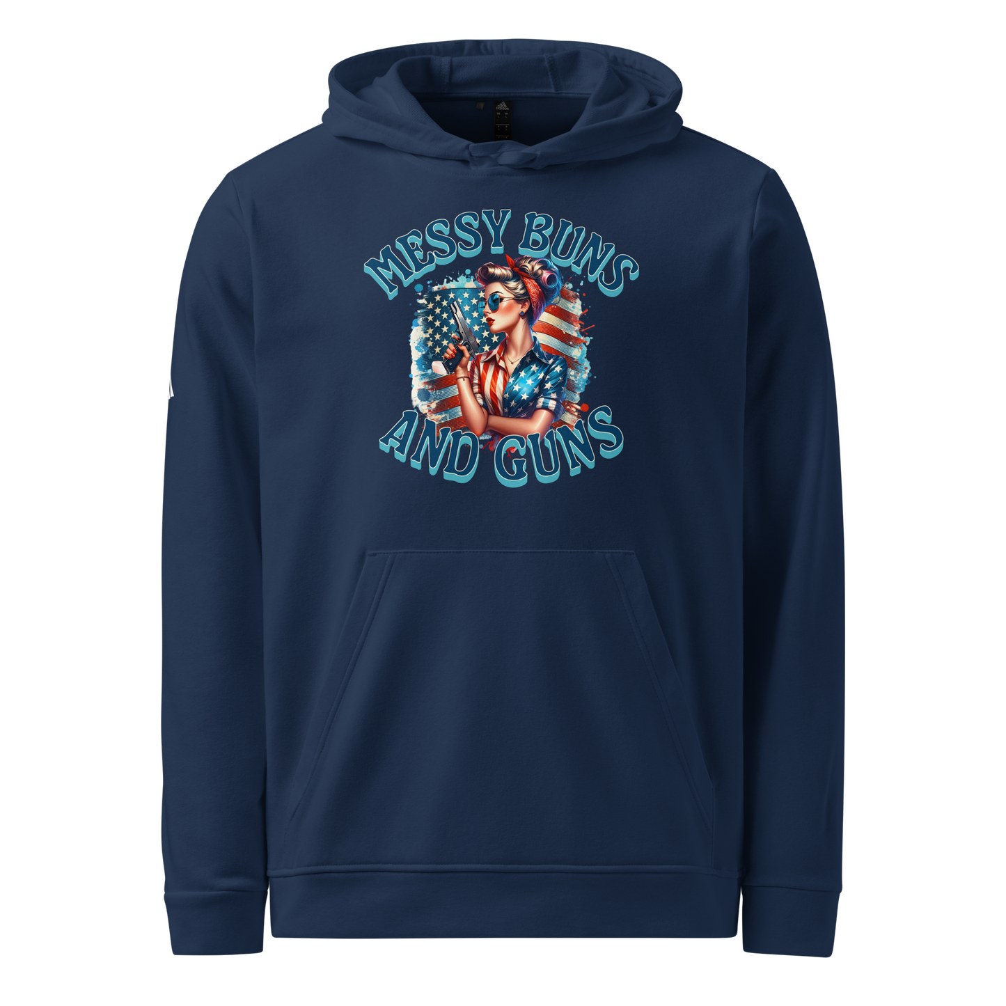 Women’s Adidas Fleece Hoodie – “Messy Buns and Guns” American Flag Graphic - BoomStick Tactical Gear