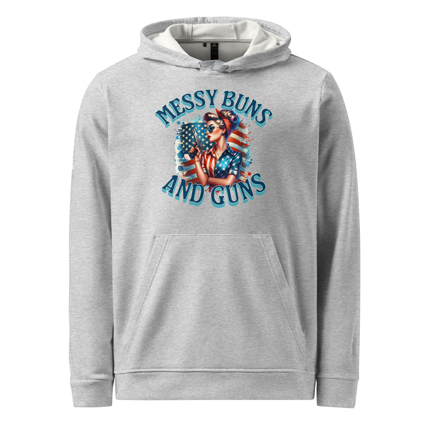 Women’s Adidas Fleece Hoodie – “Messy Buns and Guns” American Flag Graphic - BoomStick Tactical Gear