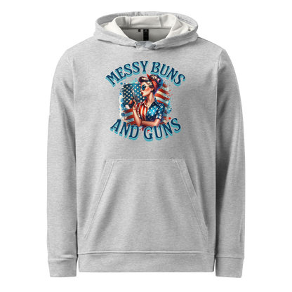 Women’s Adidas Fleece Hoodie – “Messy Buns and Guns” American Flag Graphic - BoomStick Tactical Gear