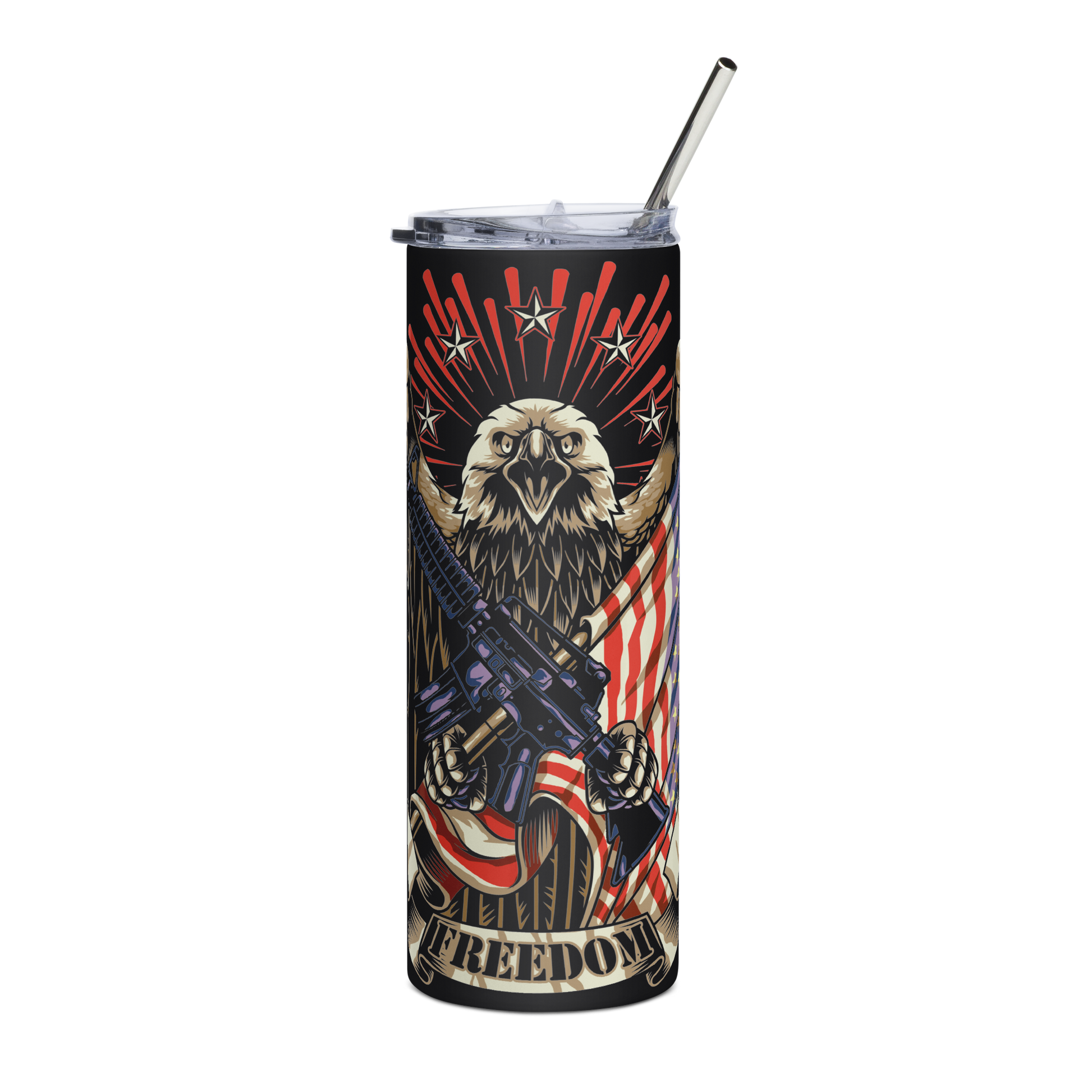 Stainless steel20 oz Tumbler with Crossed AR-15 Rifles, American Flag, and Eagle – Patriotic Tactical Drinkware - BoomStick Tactical Gear