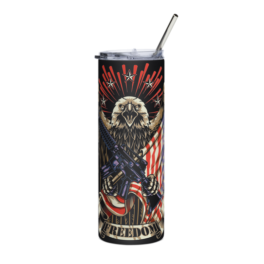 Stainless steel20 oz Tumbler with Crossed AR-15 Rifles, American Flag, and Eagle – Patriotic Tactical Drinkware