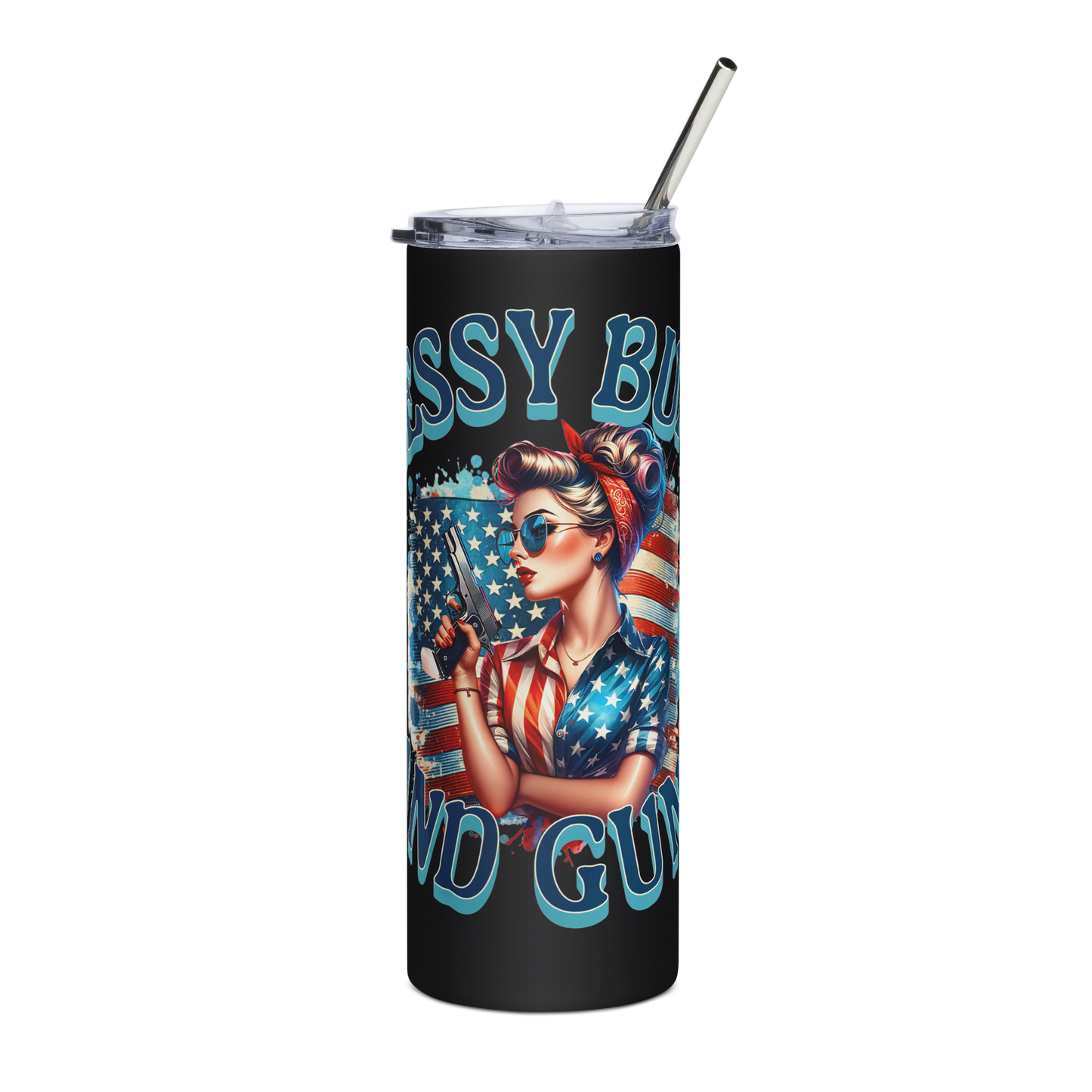 20 oz Tumbler with "Messy Buns and Guns" - Fun and Bold Tactical Lifestyle Design - BoomStick Tactical Gear