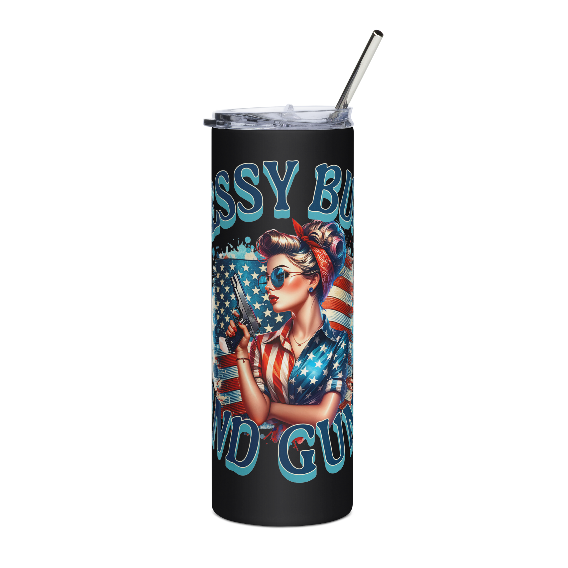 20 oz Tumbler with "Messy Buns and Guns" - Fun and Bold Tactical Lifestyle Design - BoomStick Tactical Gear