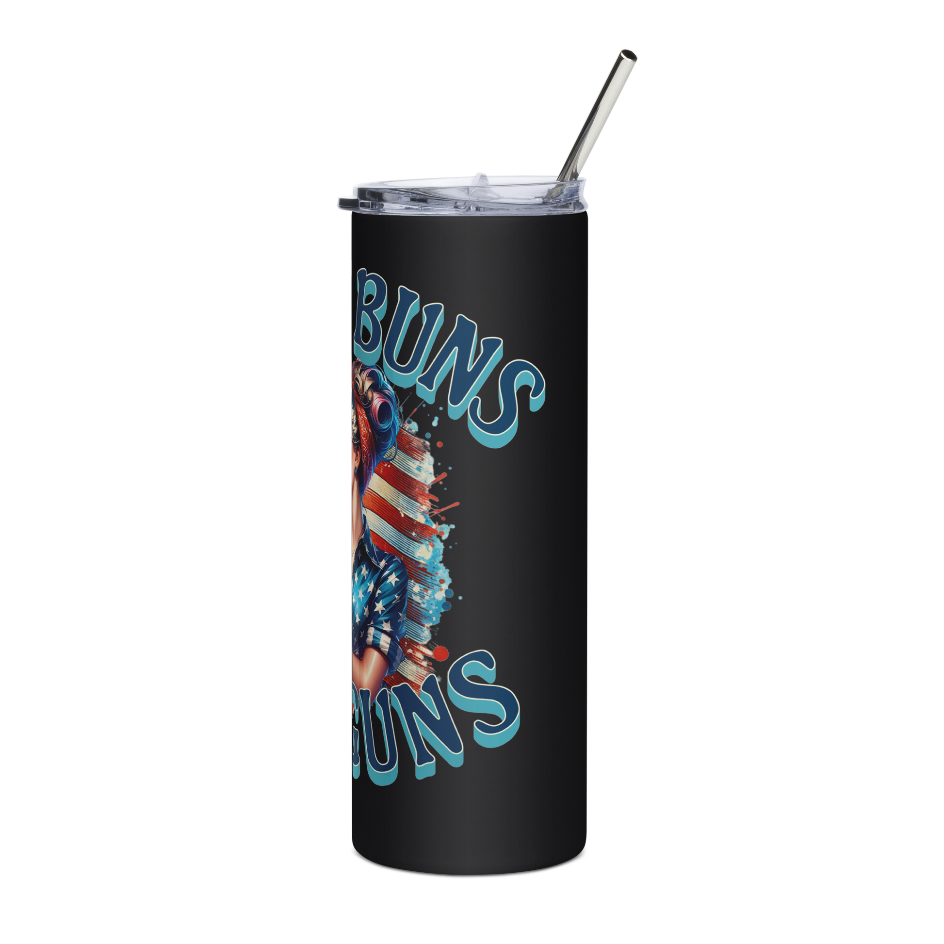 20 oz Tumbler with "Messy Buns and Guns" - Fun and Bold Tactical Lifestyle Design - BoomStick Tactical Gear