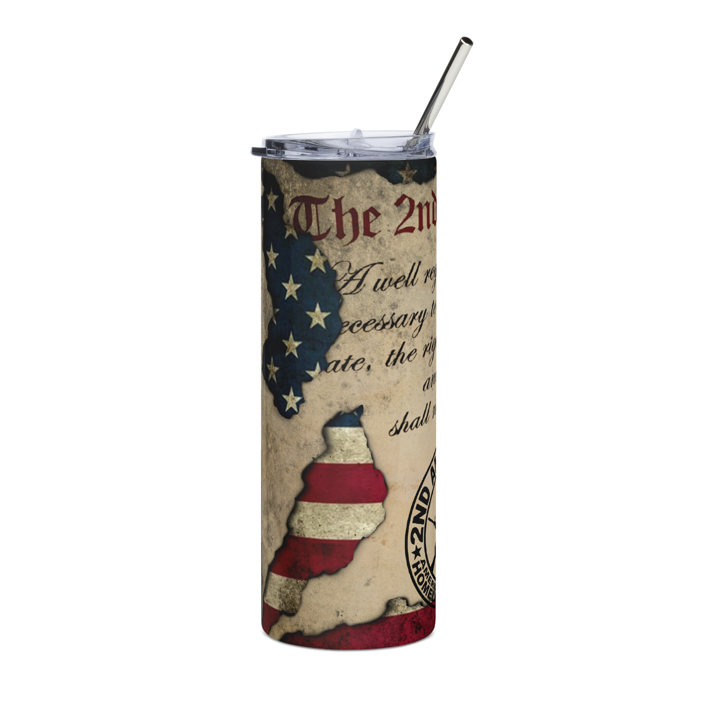 20 oz Tumbler with Tattered American Flag and 2nd Amendment – Patriotic Drinkware for Freedom Lovers Stainless steel tumbler - BoomStick Tactical Gear