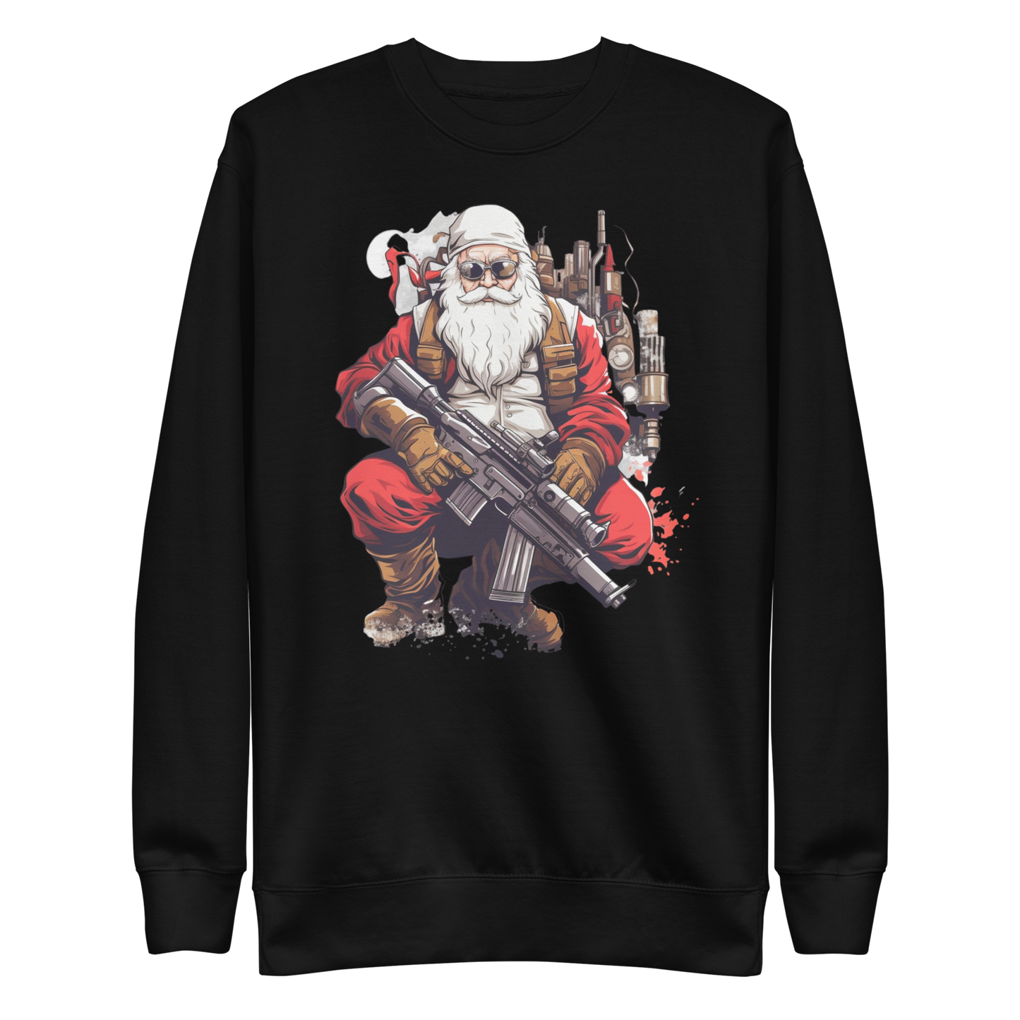 Tactical Santa Sweatshirt: Cartoon Santa Kneeling with AR-15 – Fun Christmas Apparel for Gun Enthusiasts - BoomStick Tactical Gear