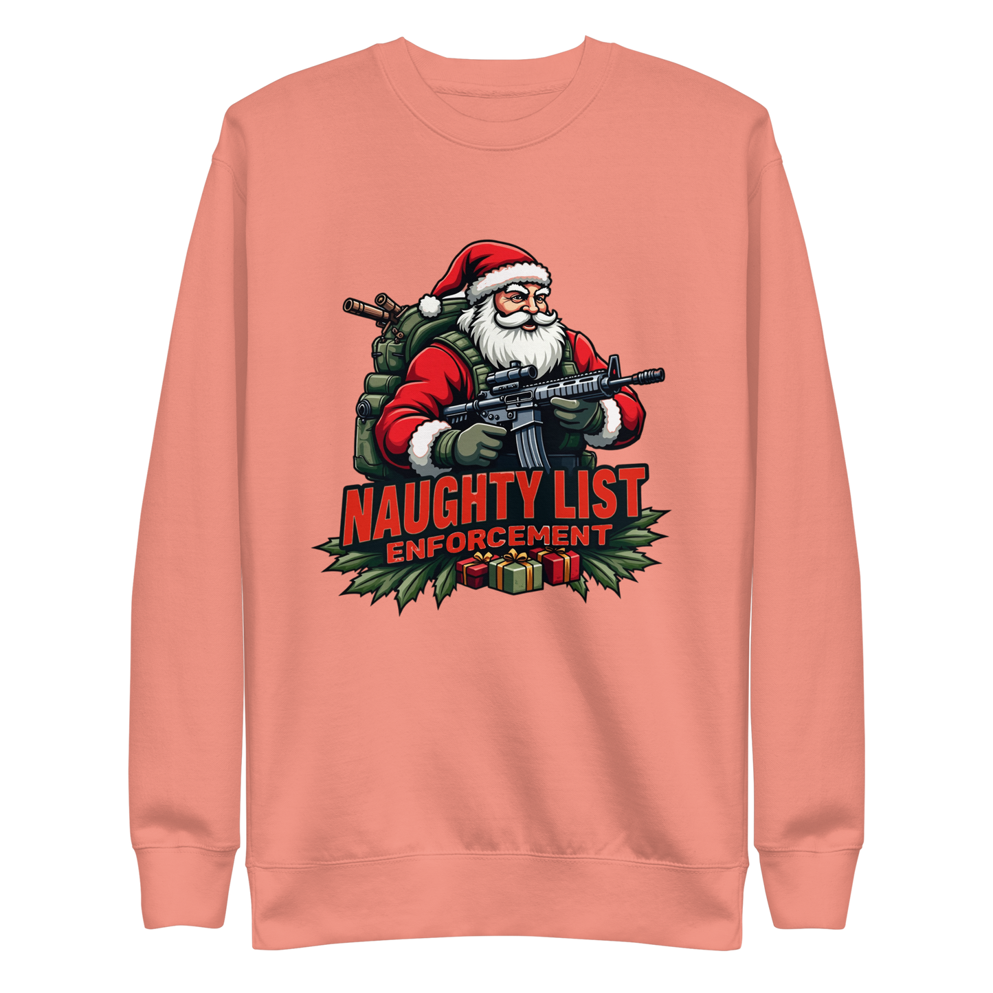 Naughty List Enforcement" Christmas Sweatshirt – Santa with AR-15 and Presents | Funny Tactical Christmas Apparel - BoomStick Tactical Gear