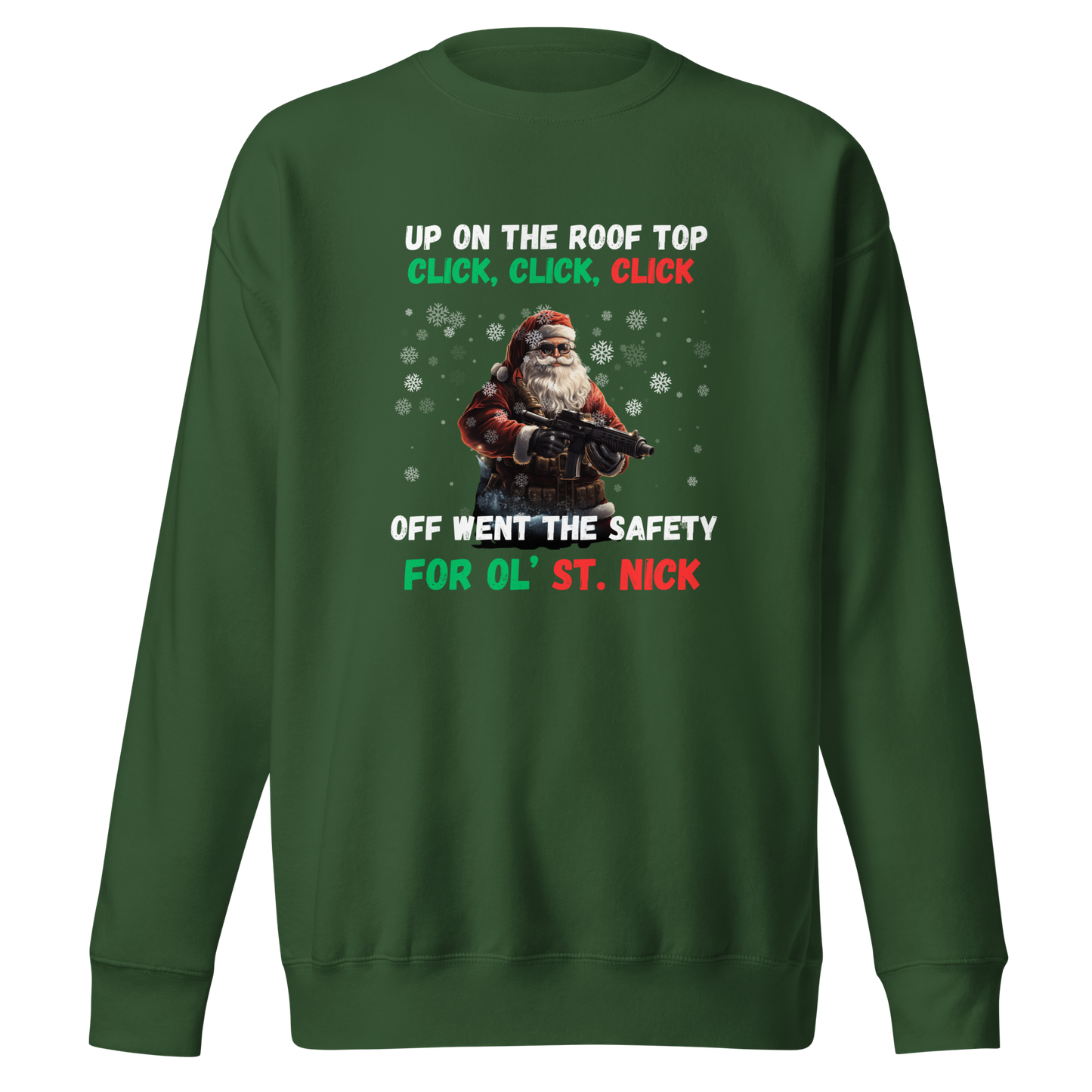 Christmas Sweatshirt: Santa with AR-15 & 'Up on the House Top, Click, Click, Click' – Fun Holiday Apparel for Gun Lovers - BoomStick Tactical Gear