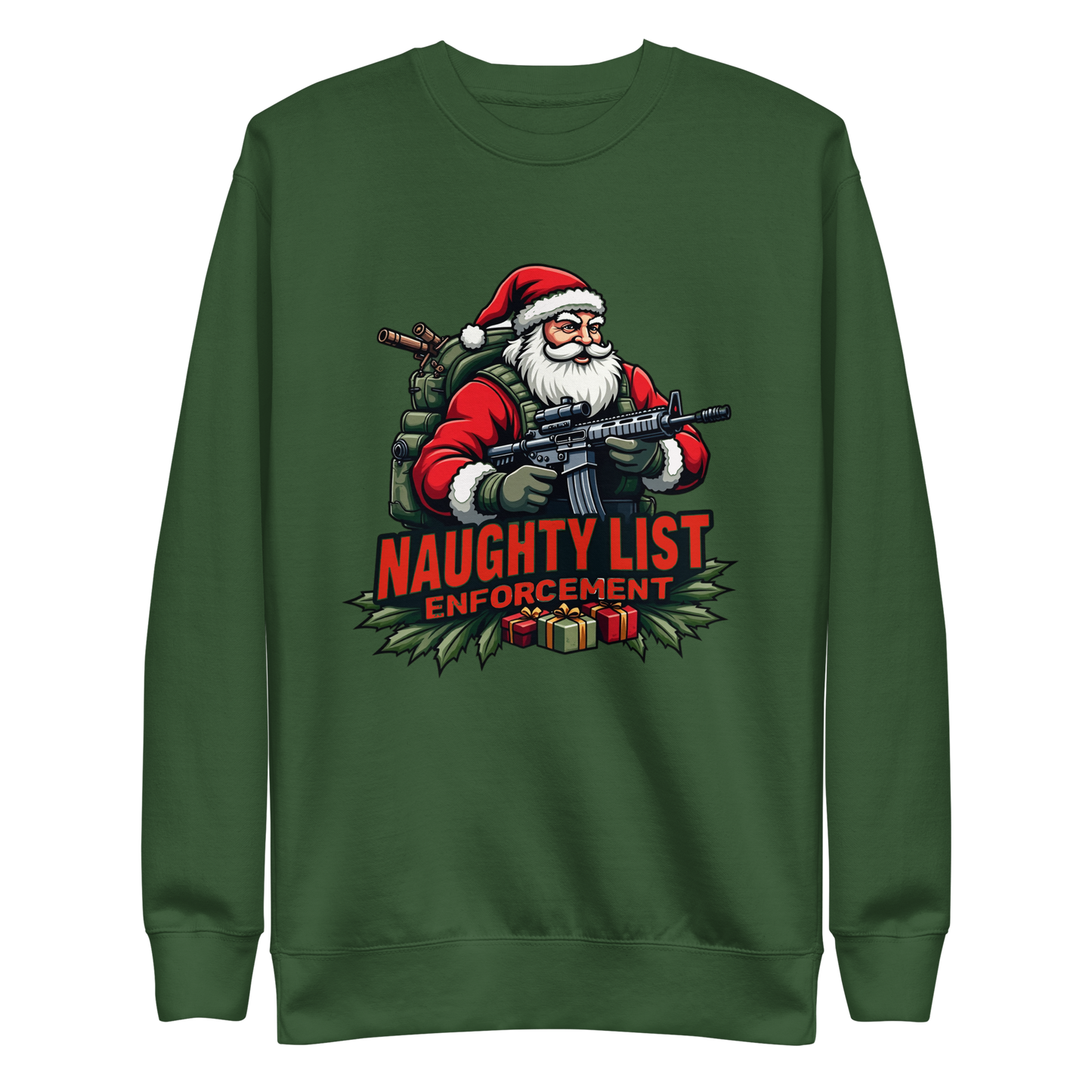 Naughty List Enforcement" Christmas Sweatshirt – Santa with AR-15 and Presents | Funny Tactical Christmas Apparel - BoomStick Tactical Gear