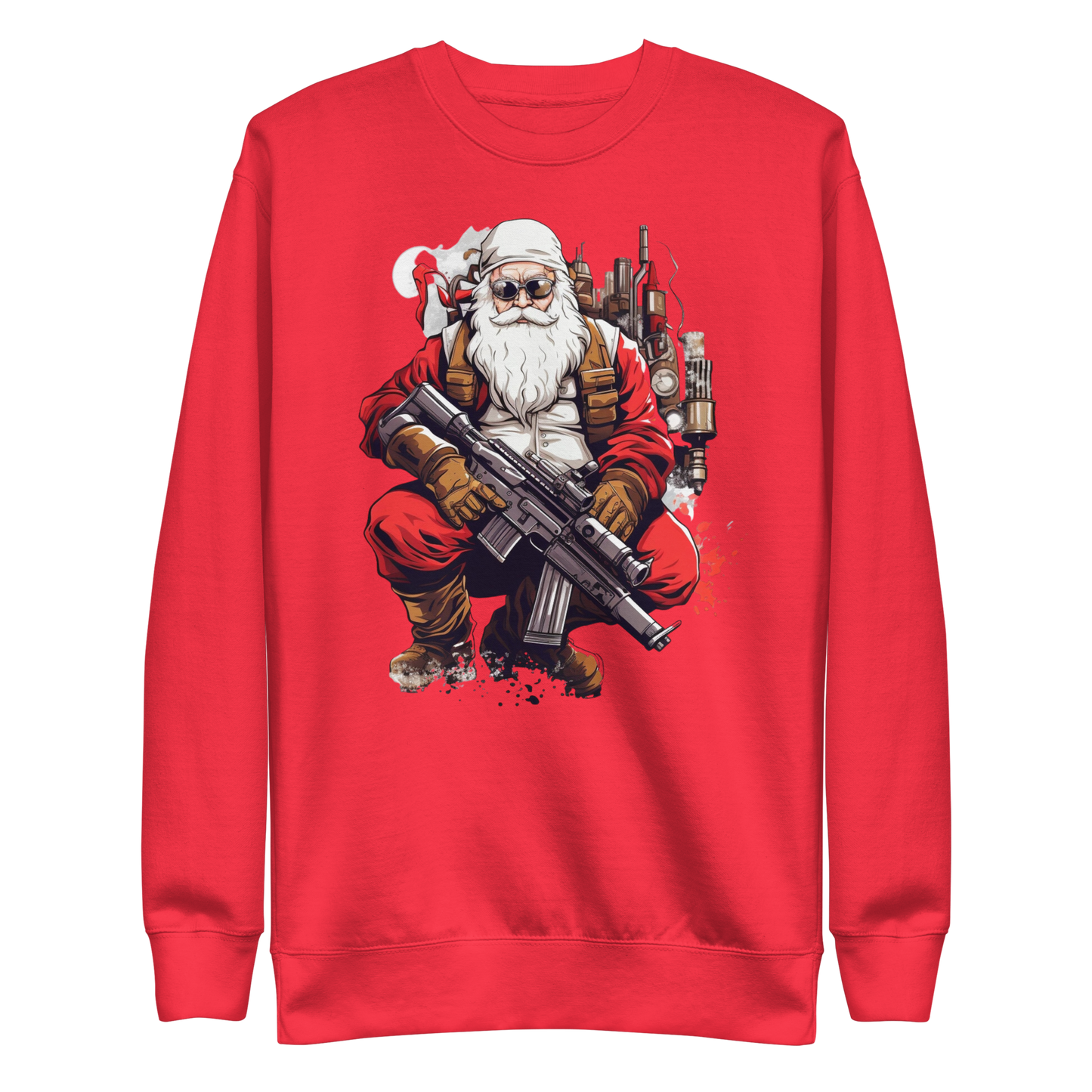 Tactical Santa Sweatshirt: Cartoon Santa Kneeling with AR-15 – Fun Christmas Apparel for Gun Enthusiasts - BoomStick Tactical Gear