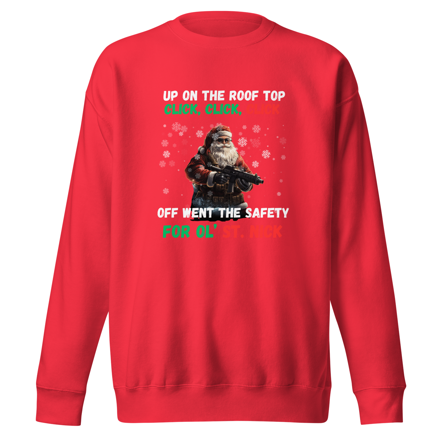 Christmas Sweatshirt: Santa with AR-15 & 'Up on the House Top, Click, Click, Click' – Fun Holiday Apparel for Gun Lovers - BoomStick Tactical Gear