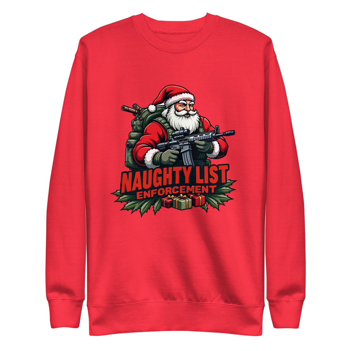 Naughty List Enforcement" Christmas Sweatshirt – Santa with AR-15 and Presents | Funny Tactical Christmas Apparel - BoomStick Tactical Gear