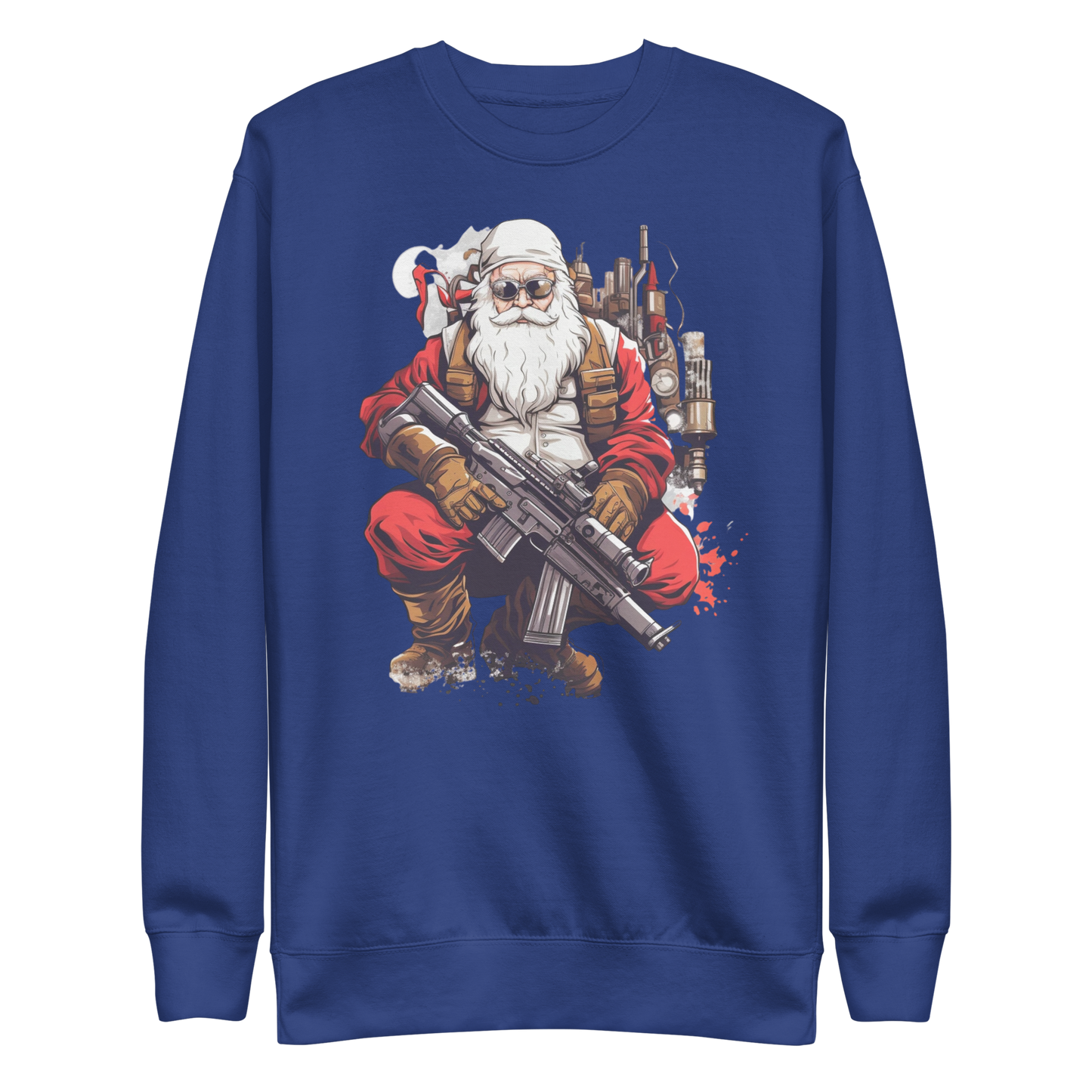 Tactical Santa Sweatshirt: Cartoon Santa Kneeling with AR-15 – Fun Christmas Apparel for Gun Enthusiasts - BoomStick Tactical Gear