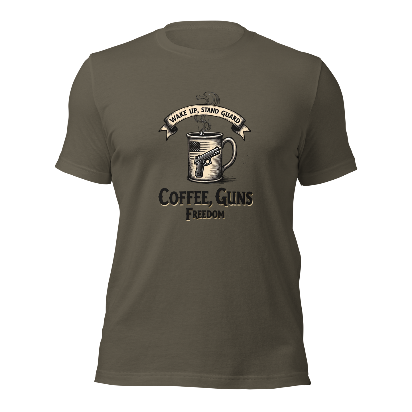 Wake Up, Stand Guard T-Shirt - Vintage Coffee Mug with Pistol & American Flag Design - BoomStick Tactical Gear