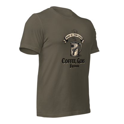 Wake Up, Stand Guard T-Shirt - Vintage Coffee Mug with Pistol & American Flag Design - BoomStick Tactical Gear