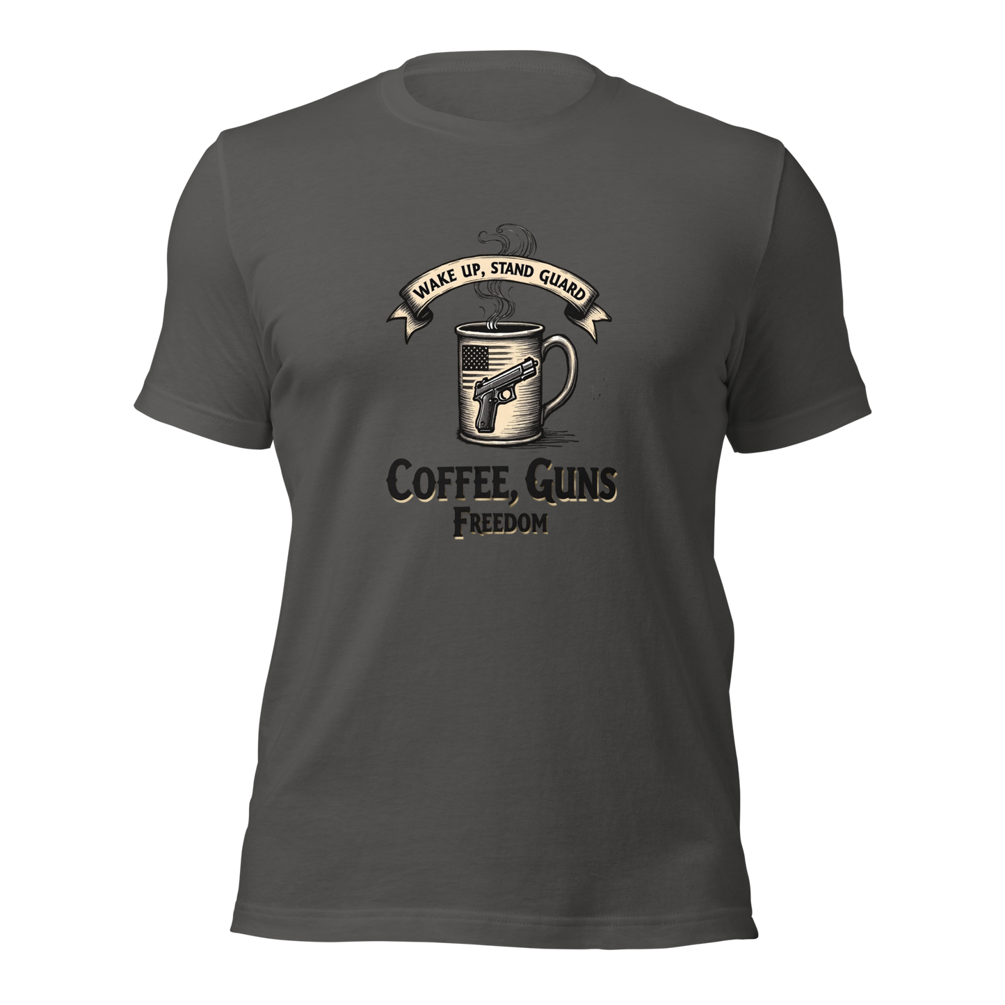 Wake Up, Stand Guard T-Shirt - Vintage Coffee Mug with Pistol & American Flag Design - BoomStick Tactical Gear