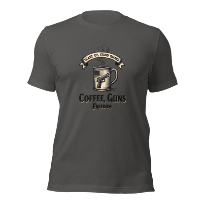 Wake Up, Stand Guard T-Shirt - Vintage Coffee Mug with Pistol & American Flag Design - BoomStick Tactical Gear