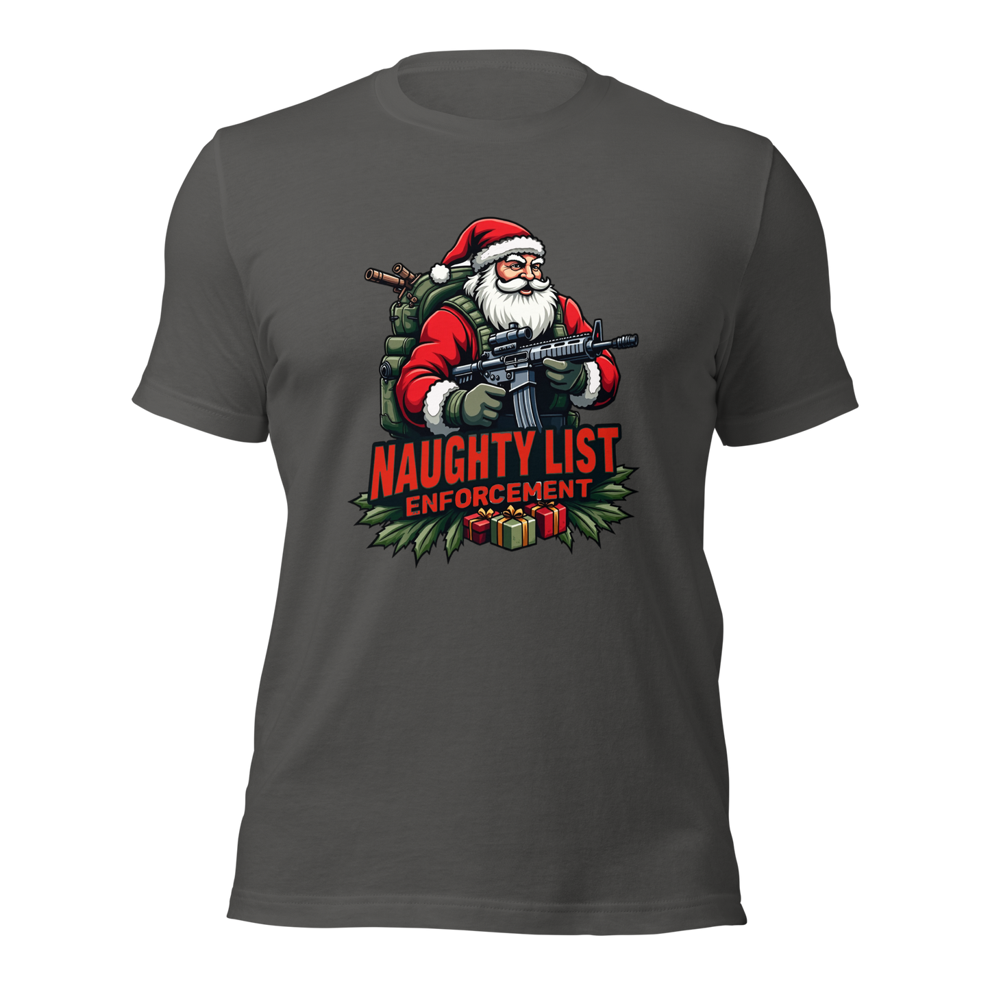 Naughty List Enforcement" Christmas T-Shirt – Santa Claus with AR-15 and Presents | Funny Tactical Christmas Shirt - BoomStick Tactical Gear