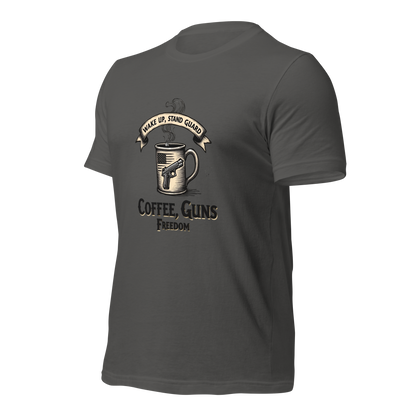 Wake Up, Stand Guard T-Shirt - Vintage Coffee Mug with Pistol & American Flag Design - BoomStick Tactical Gear