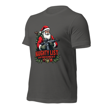 Naughty List Enforcement" Christmas T-Shirt – Santa Claus with AR-15 and Presents | Funny Tactical Christmas Shirt - BoomStick Tactical Gear