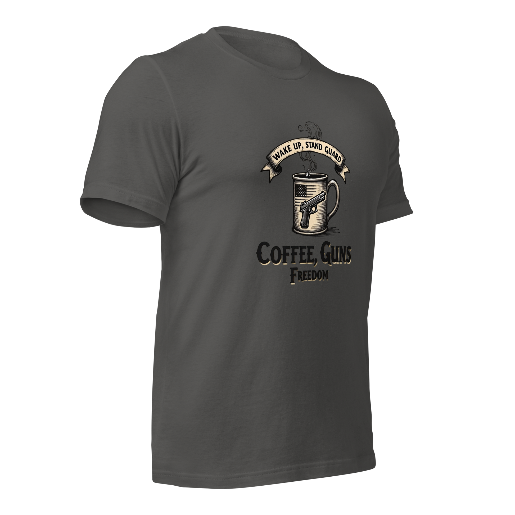 Wake Up, Stand Guard T-Shirt - Vintage Coffee Mug with Pistol & American Flag Design - BoomStick Tactical Gear