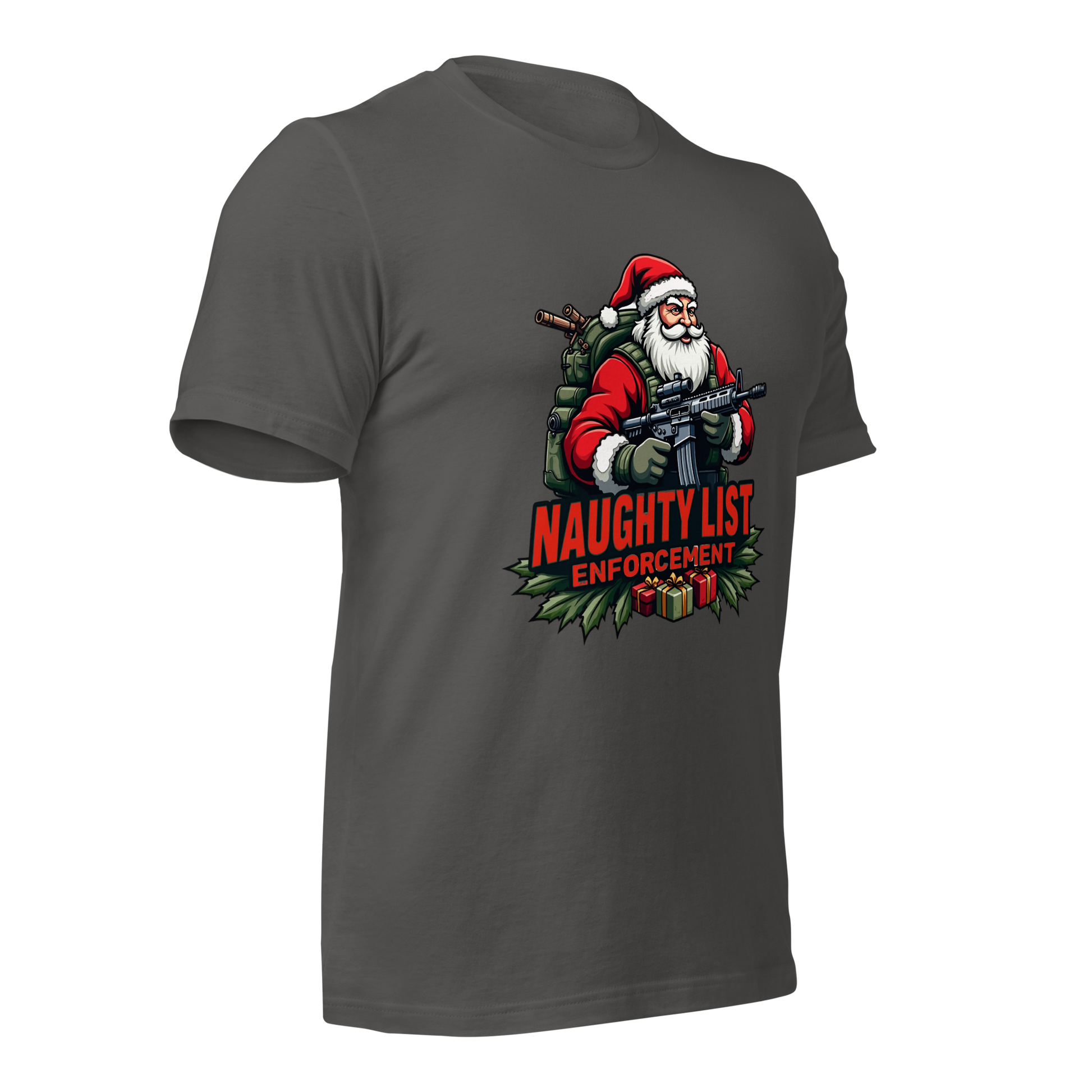 Naughty List Enforcement" Christmas T-Shirt – Santa Claus with AR-15 and Presents | Funny Tactical Christmas Shirt - BoomStick Tactical Gear