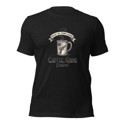 Wake Up, Stand Guard T-Shirt - Vintage Coffee Mug with Pistol & American Flag Design - BoomStick Tactical Gear