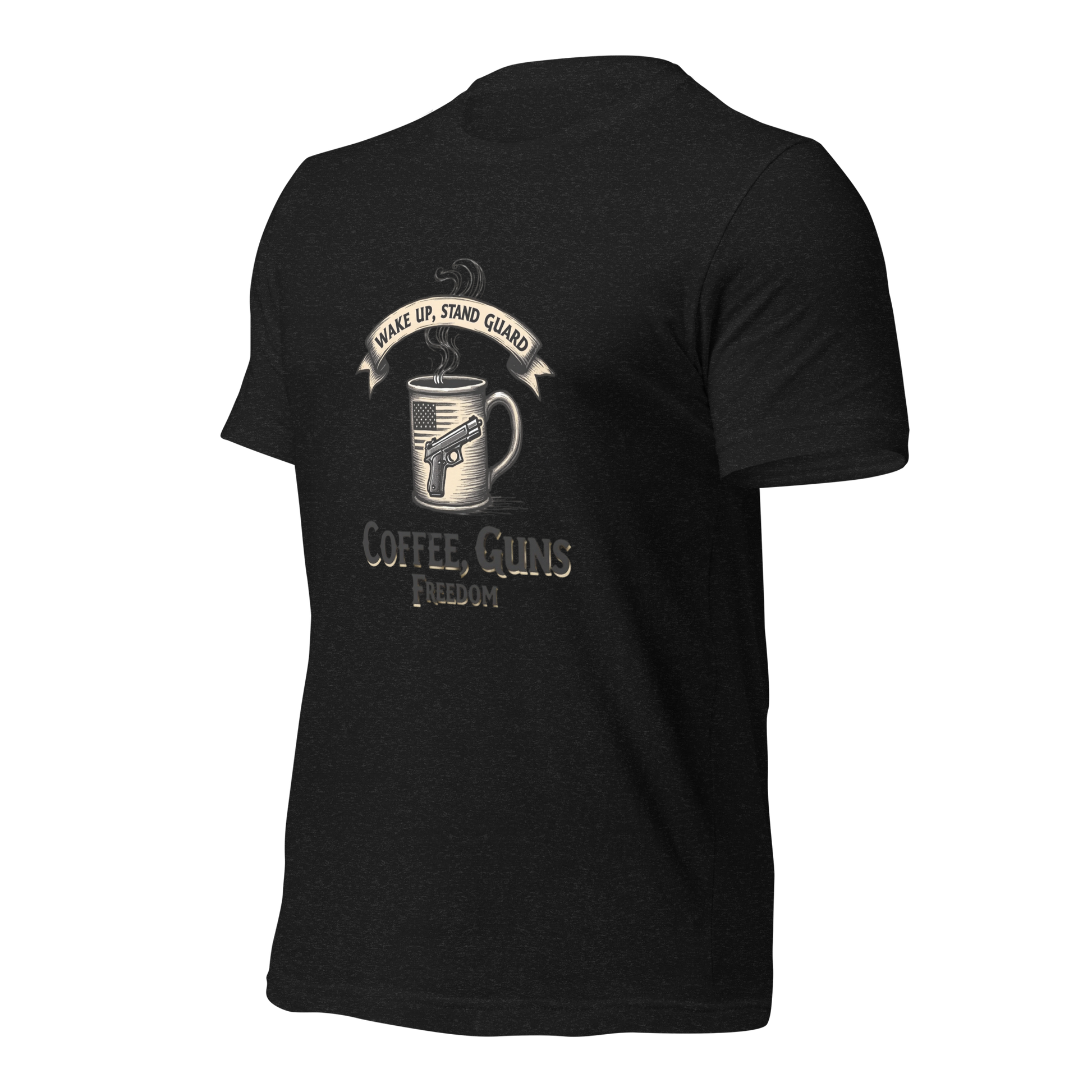 Wake Up, Stand Guard T-Shirt - Vintage Coffee Mug with Pistol & American Flag Design - BoomStick Tactical Gear