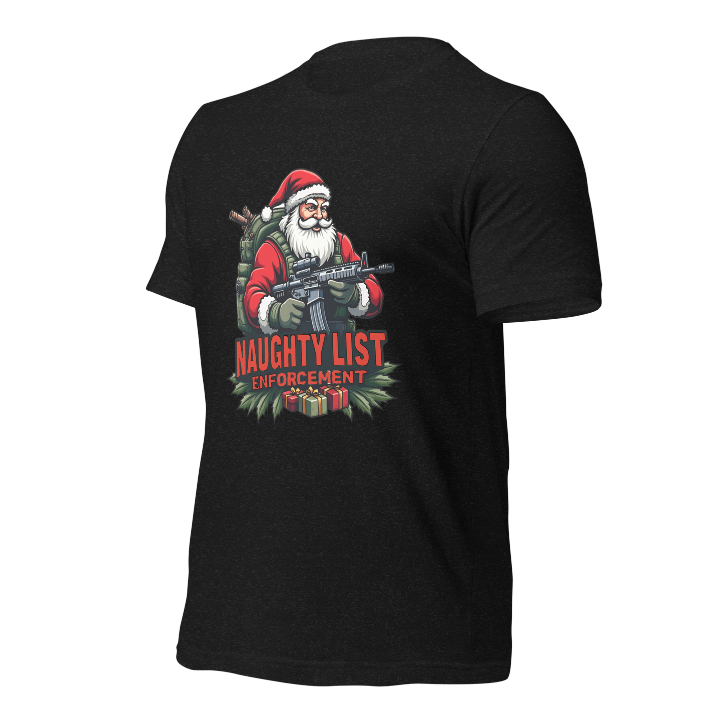 Naughty List Enforcement" Christmas T-Shirt – Santa Claus with AR-15 and Presents | Funny Tactical Christmas Shirt - BoomStick Tactical Gear