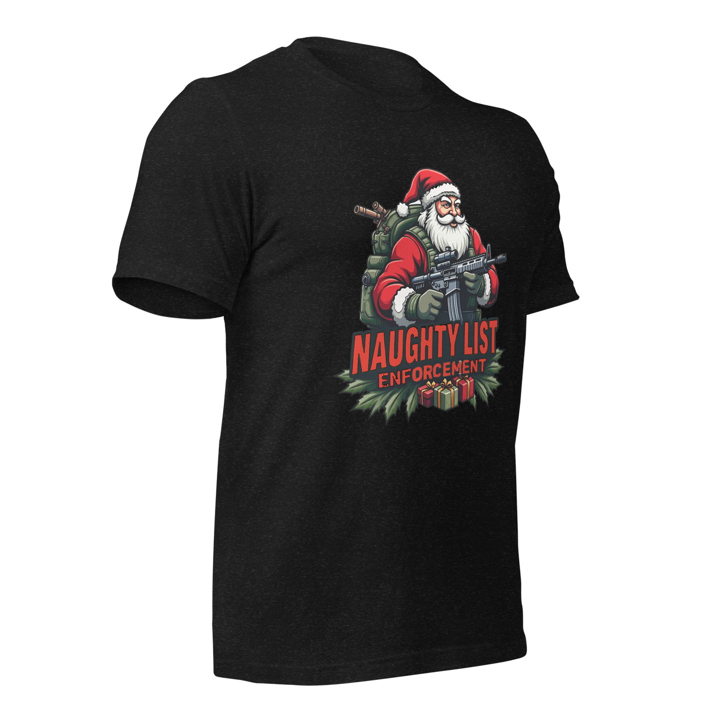 Naughty List Enforcement" Christmas T-Shirt – Santa Claus with AR-15 and Presents | Funny Tactical Christmas Shirt - BoomStick Tactical Gear