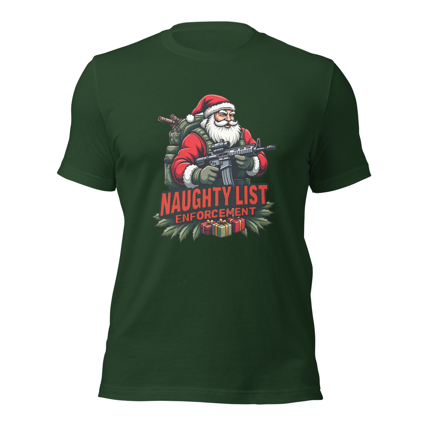 Naughty List Enforcement" Christmas T-Shirt – Santa Claus with AR-15 and Presents | Funny Tactical Christmas Shirt - BoomStick Tactical Gear