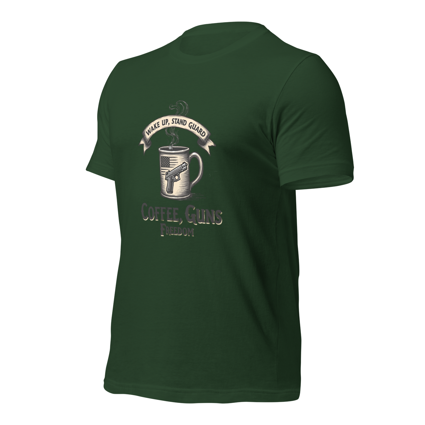 Wake Up, Stand Guard T-Shirt - Vintage Coffee Mug with Pistol & American Flag Design - BoomStick Tactical Gear