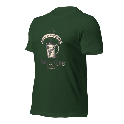 Wake Up, Stand Guard T-Shirt - Vintage Coffee Mug with Pistol & American Flag Design - BoomStick Tactical Gear