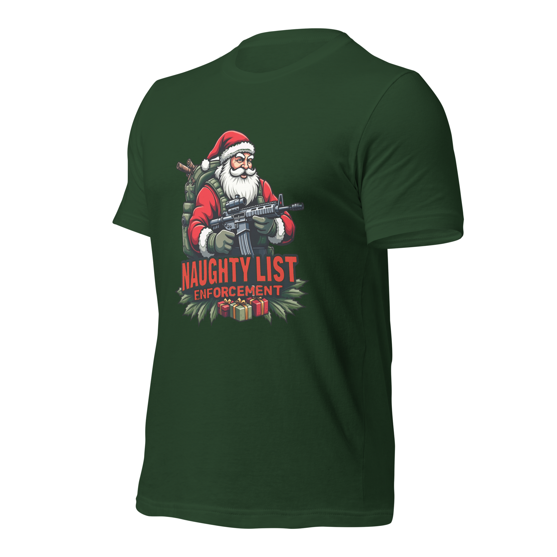 Naughty List Enforcement" Christmas T-Shirt – Santa Claus with AR-15 and Presents | Funny Tactical Christmas Shirt - BoomStick Tactical Gear