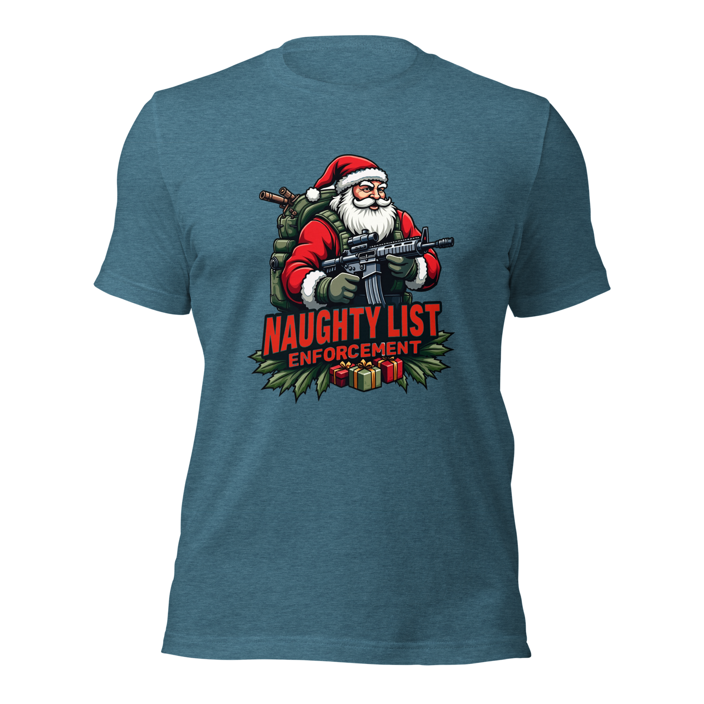 Naughty List Enforcement" Christmas T-Shirt – Santa Claus with AR-15 and Presents | Funny Tactical Christmas Shirt - BoomStick Tactical Gear