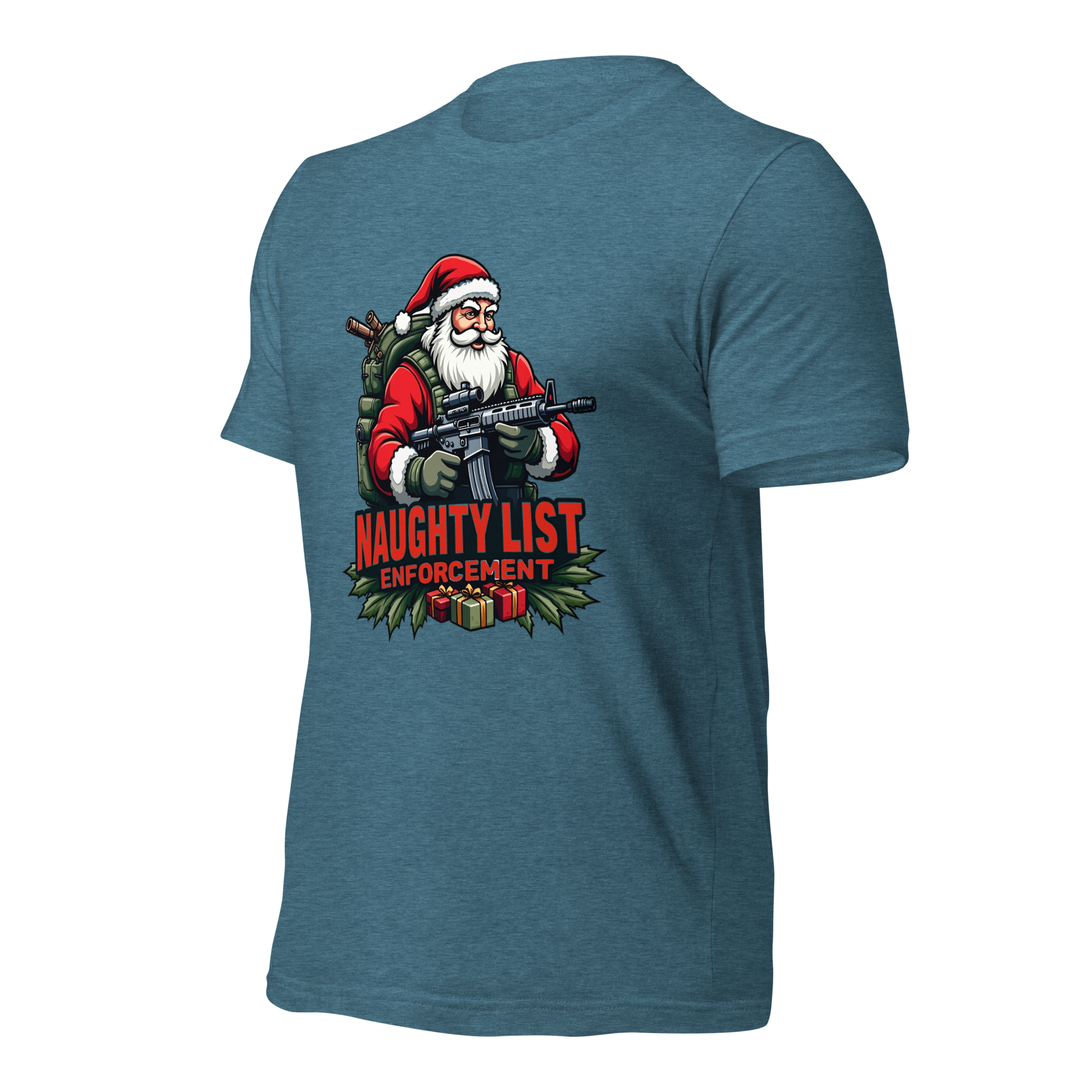 Naughty List Enforcement" Christmas T-Shirt – Santa Claus with AR-15 and Presents | Funny Tactical Christmas Shirt - BoomStick Tactical Gear