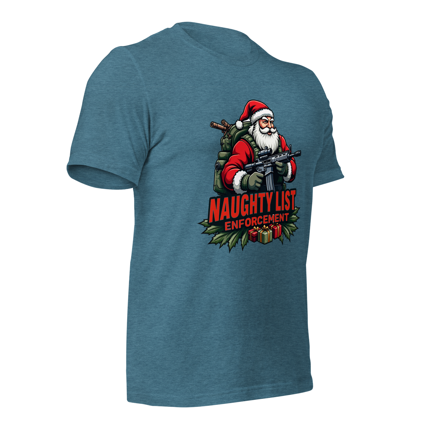 Naughty List Enforcement" Christmas T-Shirt – Santa Claus with AR-15 and Presents | Funny Tactical Christmas Shirt - BoomStick Tactical Gear