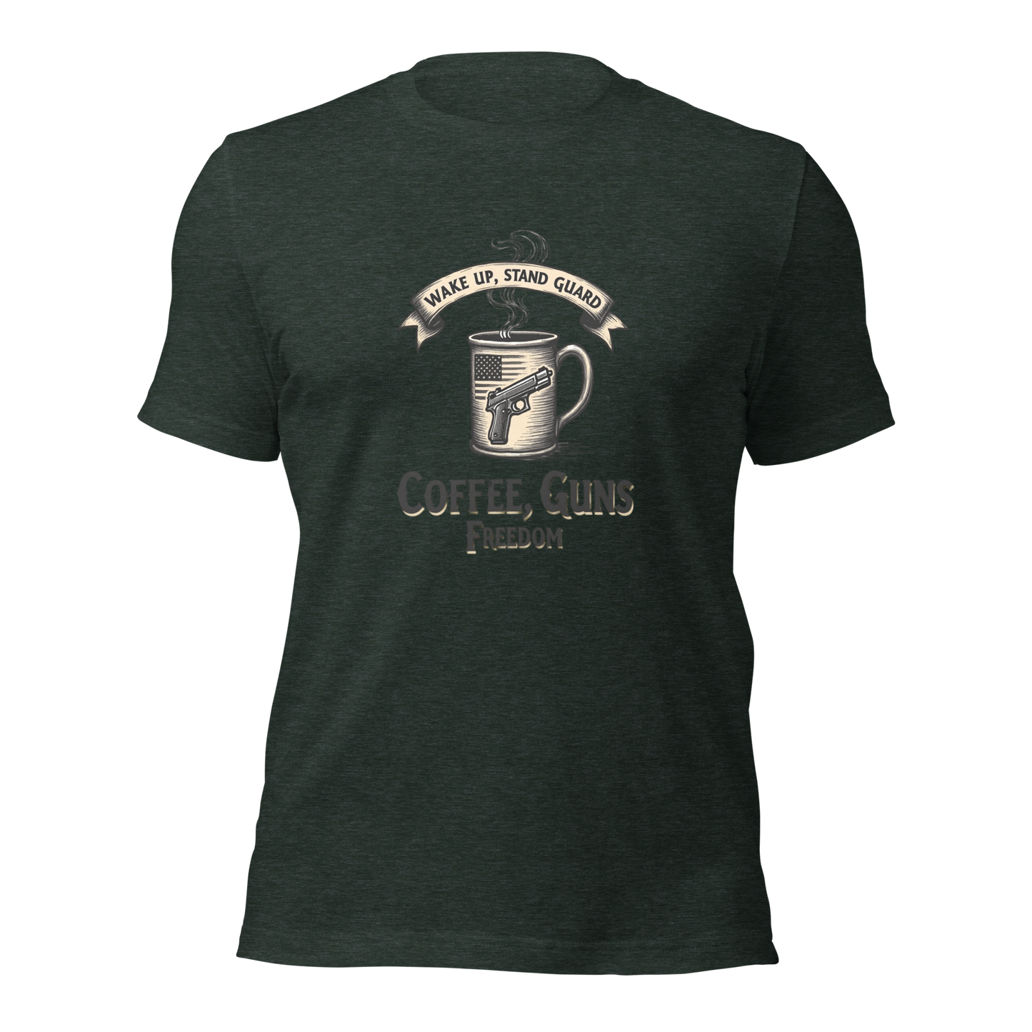 Wake Up, Stand Guard T-Shirt - Vintage Coffee Mug with Pistol & American Flag Design - BoomStick Tactical Gear