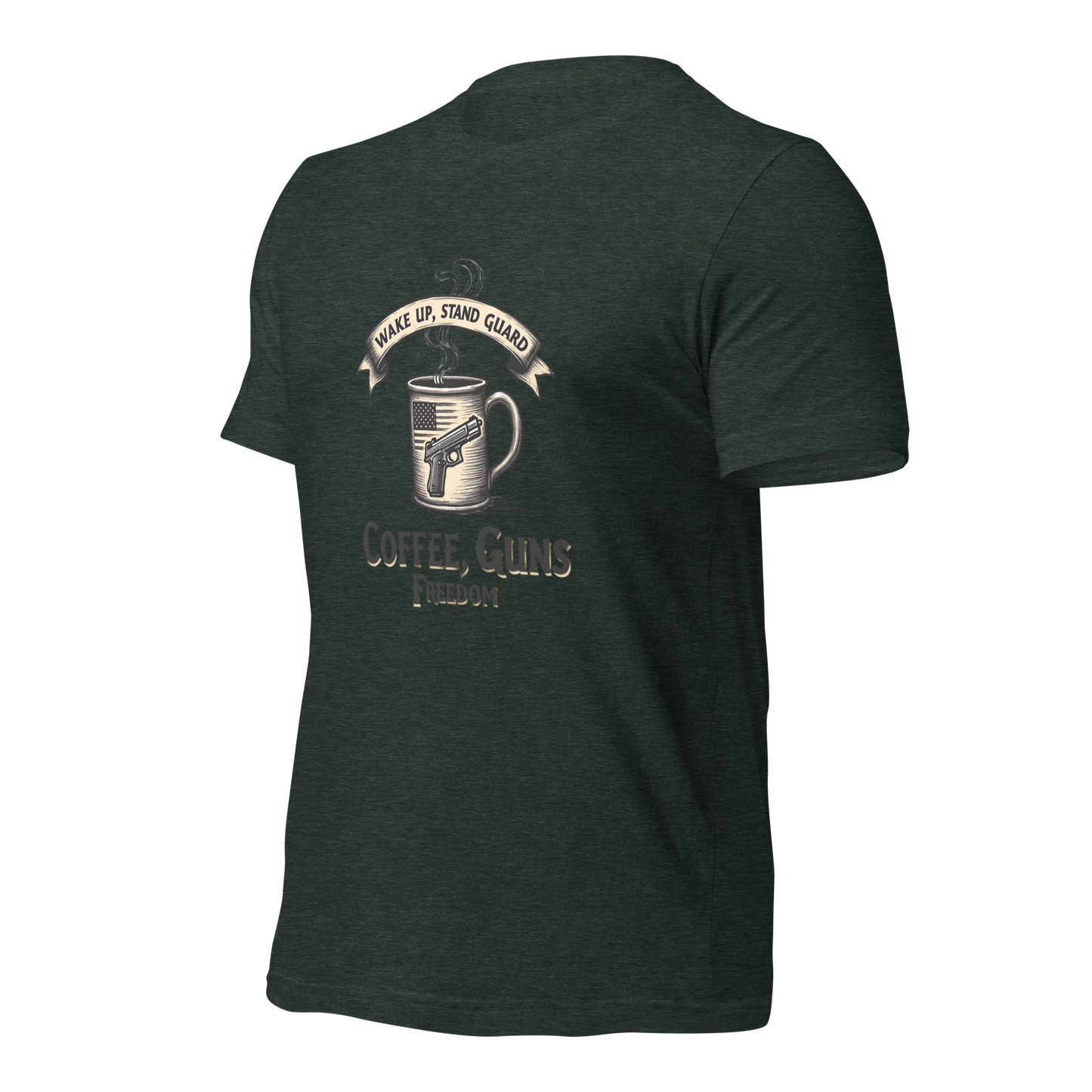 Wake Up, Stand Guard T-Shirt - Vintage Coffee Mug with Pistol & American Flag Design - BoomStick Tactical Gear