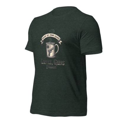 Wake Up, Stand Guard T-Shirt - Vintage Coffee Mug with Pistol & American Flag Design - BoomStick Tactical Gear