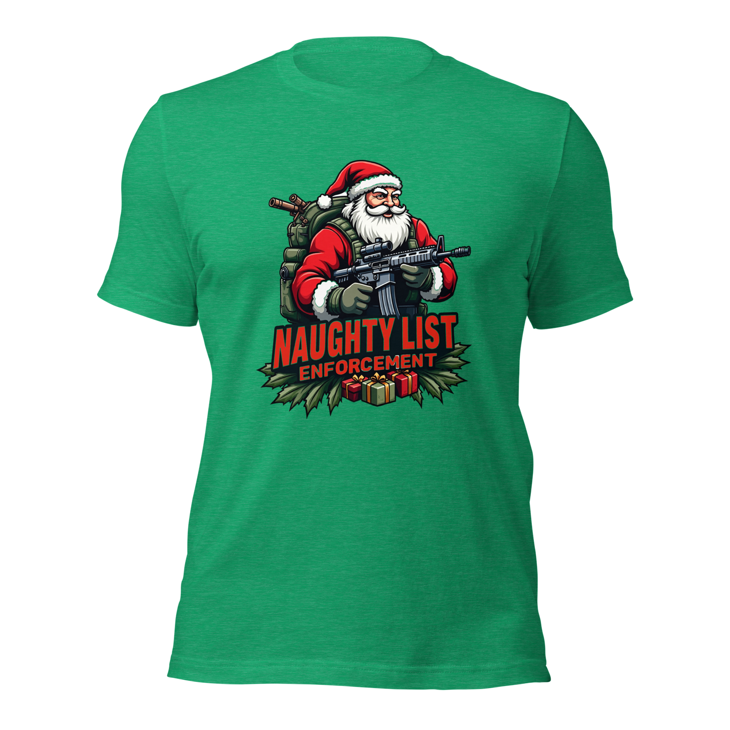 Naughty List Enforcement" Christmas T-Shirt – Santa Claus with AR-15 and Presents | Funny Tactical Christmas Shirt - BoomStick Tactical Gear