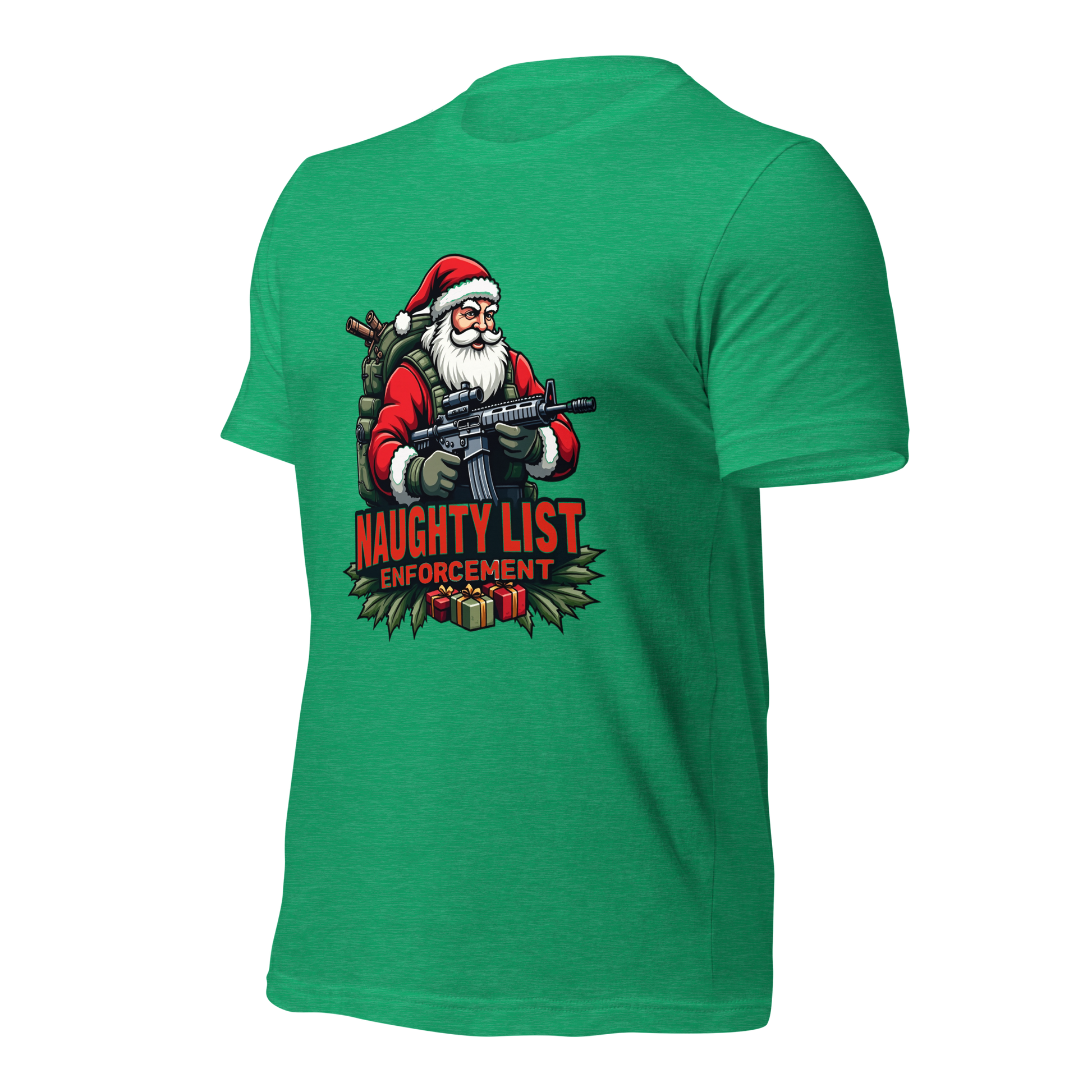 Naughty List Enforcement" Christmas T-Shirt – Santa Claus with AR-15 and Presents | Funny Tactical Christmas Shirt - BoomStick Tactical Gear