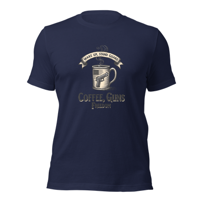 Wake Up, Stand Guard T-Shirt - Vintage Coffee Mug with Pistol & American Flag Design - BoomStick Tactical Gear