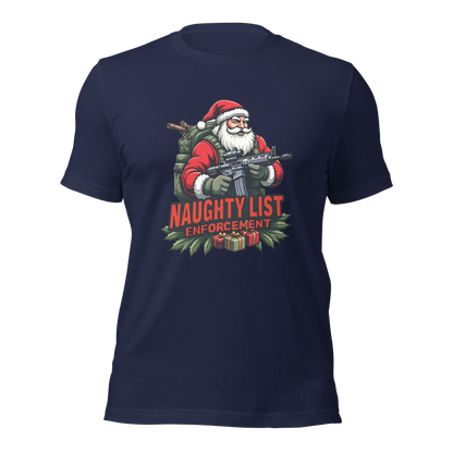 Naughty List Enforcement" Christmas T-Shirt – Santa Claus with AR-15 and Presents | Funny Tactical Christmas Shirt - BoomStick Tactical Gear