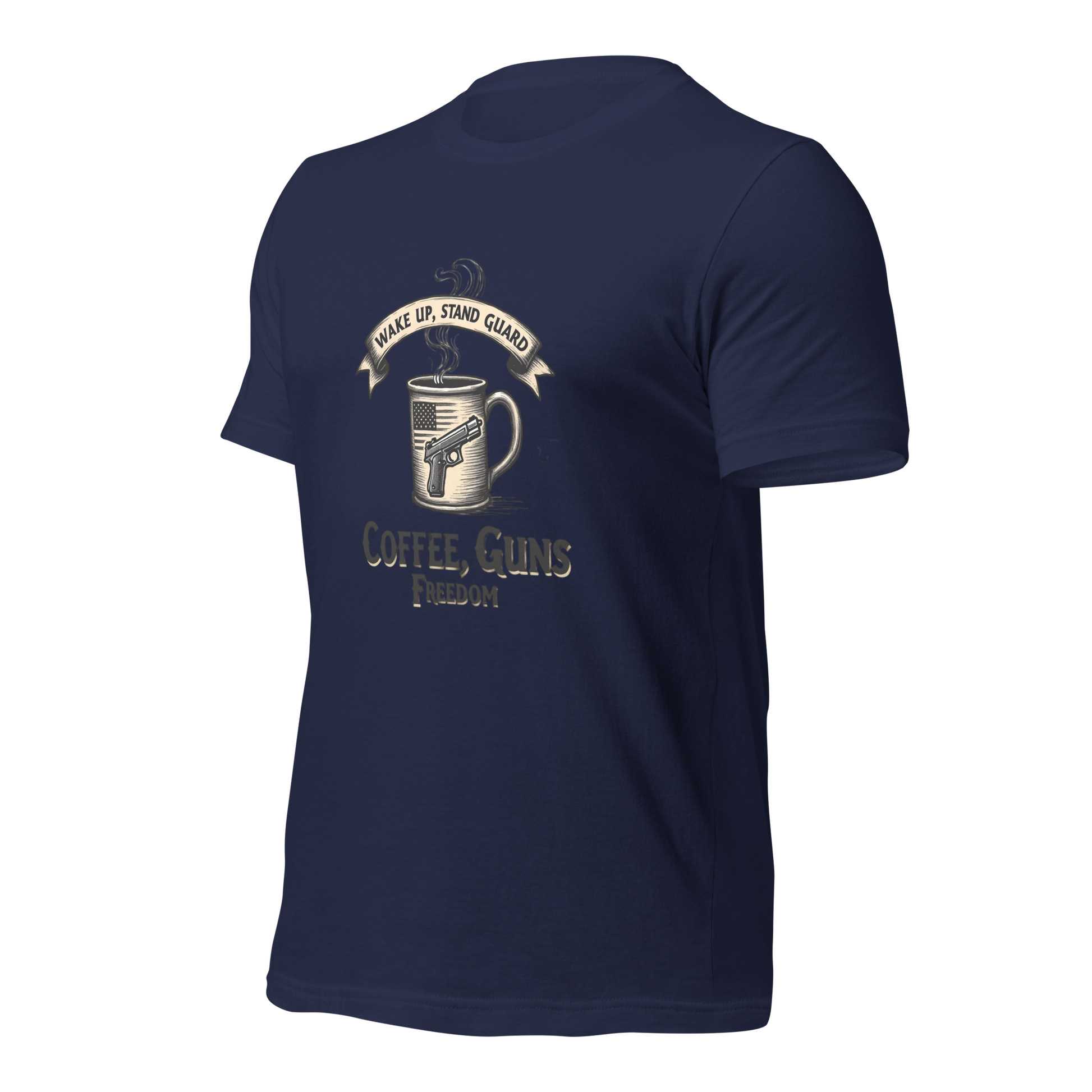 Wake Up, Stand Guard T-Shirt - Vintage Coffee Mug with Pistol & American Flag Design - BoomStick Tactical Gear